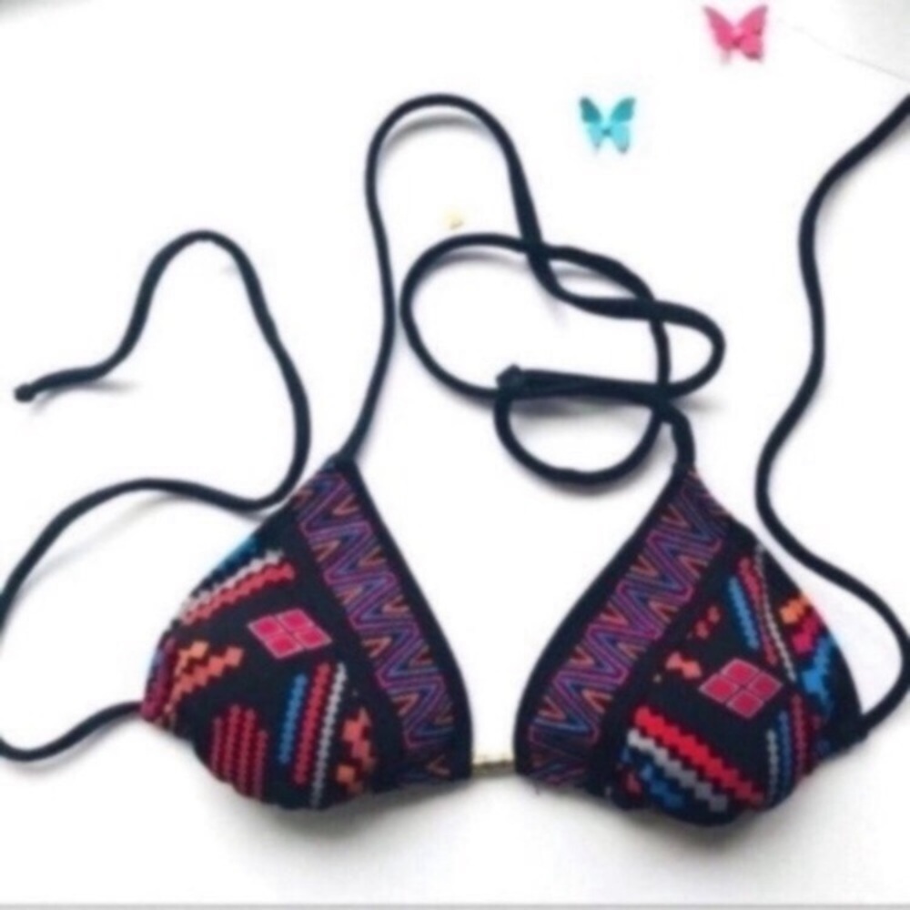Colorful Aztec Triangle Bikini Top - Black Base with Multicolor Pattern size XS